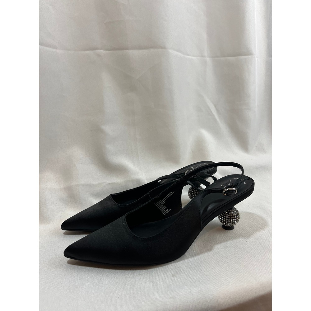 A New Day Black Satin Slingback Pumps Rhinestone Disco Ball Heel Womens 7.5